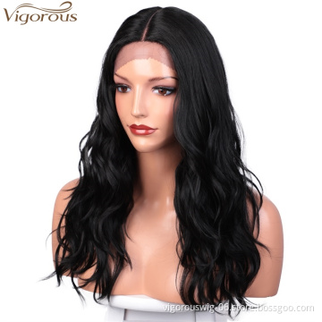 Vigorous High Temperature Lace Front Wigs Long Body Wavy Synthetic Wigs Middle Part Black Wigs Wholesale Price